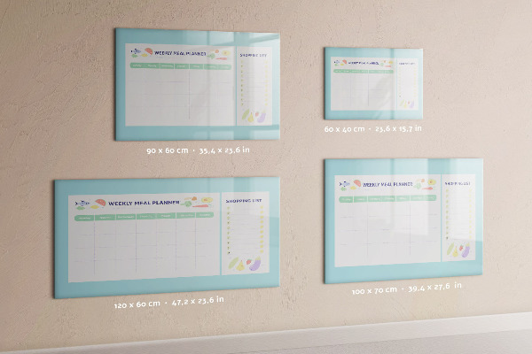 Decoratief glazen wandbord beschrijfbaar en magnetisch Maaltijdplanner en boodschappenlijst