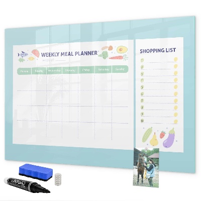 Decoratief glazen wandbord beschrijfbaar en magnetisch Maaltijdplanner en boodschappenlijst