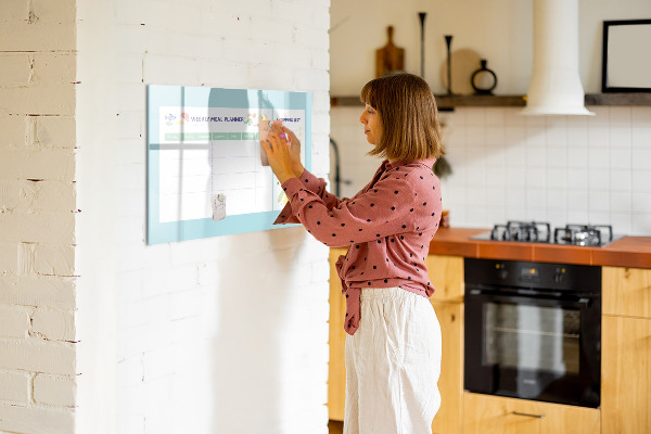 Decoratief glazen wandbord beschrijfbaar en magnetisch Maaltijdplanner en boodschappenlijst
