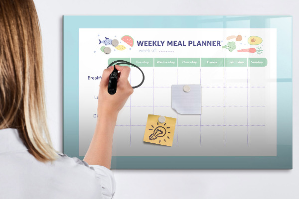 Memobord van glas met print inclusief neodymium magneten Maaltijdplanner voor elke week