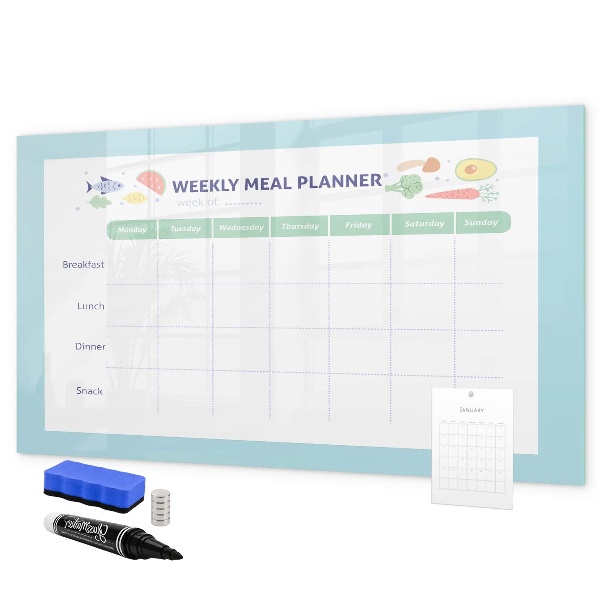 Memobord van glas met print inclusief neodymium magneten Maaltijdplanner voor elke week
