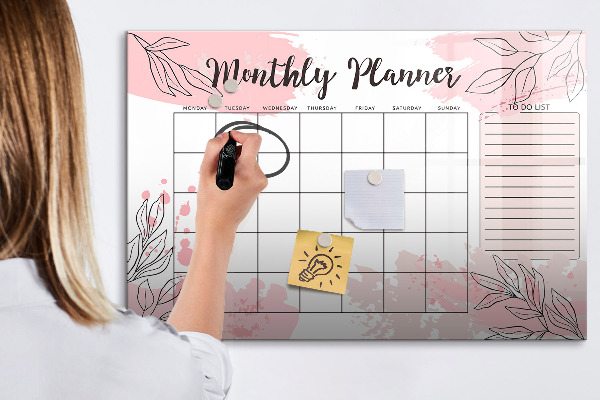 Decoratief glazen wandbord beschrijfbaar en magnetisch Maandplanner met ruimte voor foto's