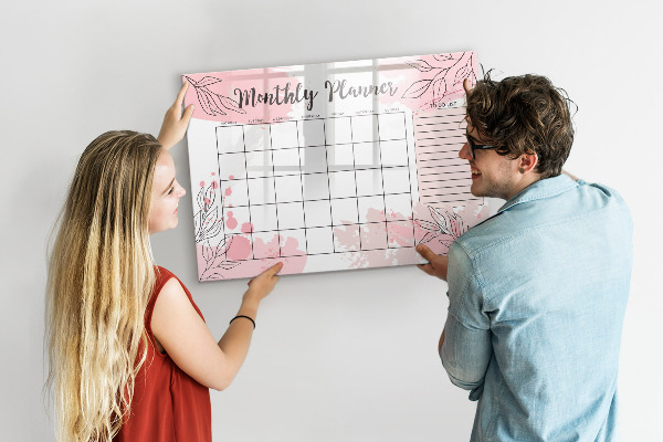 Decoratief glazen wandbord beschrijfbaar en magnetisch Maandplanner met ruimte voor foto's