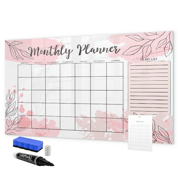 Decoratief glazen wandbord beschrijfbaar en magnetisch Maandplanner met ruimte voor foto's