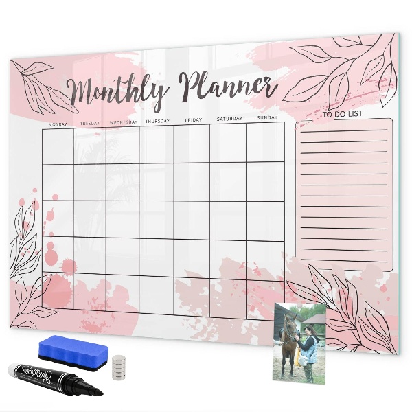 Decoratief glazen wandbord beschrijfbaar en magnetisch Maandplanner met ruimte voor foto's