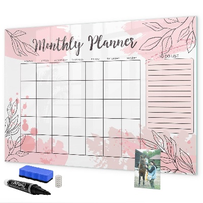 Decoratief glazen wandbord beschrijfbaar en magnetisch Maandplanner met ruimte voor foto's