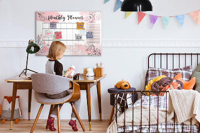Decoratief glazen wandbord beschrijfbaar en magnetisch Maandplanner met ruimte voor foto's