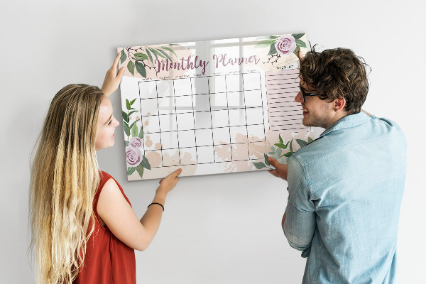 Memobord van glas met print inclusief neodymium magneten Maandplanner met ruimte voor foto's
