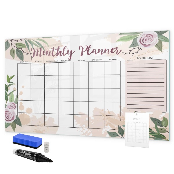 Memobord van glas met print inclusief neodymium magneten Maandplanner met ruimte voor foto's