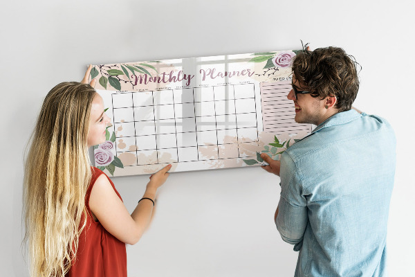 Memobord van glas met print inclusief neodymium magneten Maandplanner met ruimte voor foto's