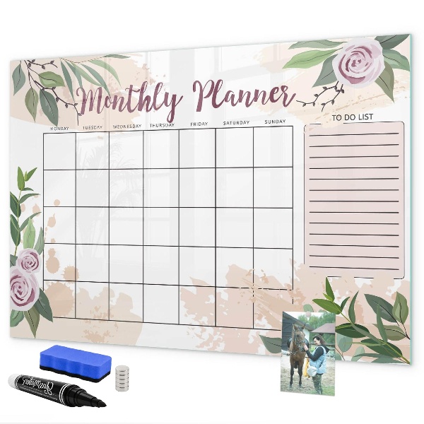 Memobord van glas met print inclusief neodymium magneten Maandplanner met ruimte voor foto's