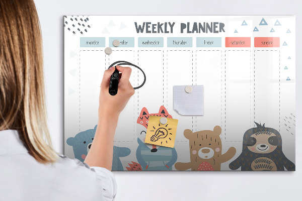 Decoratief glazen wandbord beschrijfbaar en magnetisch Leuke dieren weekplanner