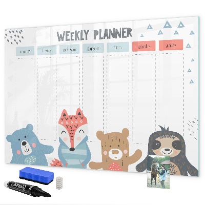 Decoratief glazen wandbord beschrijfbaar en magnetisch Leuke dieren weekplanner