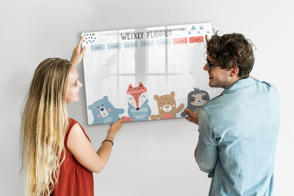 Decoratief glazen wandbord beschrijfbaar en magnetisch Leuke dieren weekplanner
