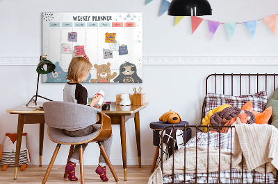 Decoratief glazen wandbord beschrijfbaar en magnetisch Leuke dieren weekplanner