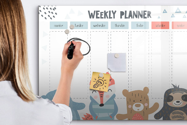 Decoratief glazen wandbord beschrijfbaar en magnetisch Leuke dieren weekplanner
