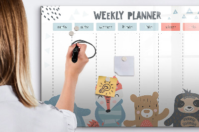 Decoratief glazen wandbord beschrijfbaar en magnetisch Leuke dieren weekplanner