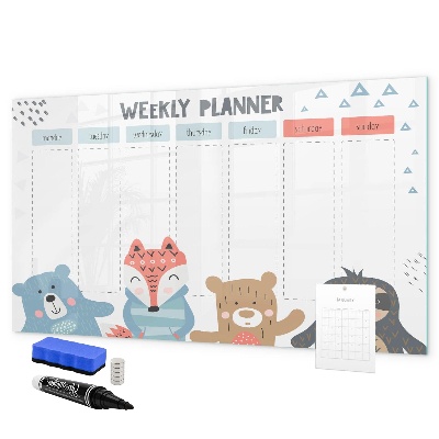 Decoratief glazen wandbord beschrijfbaar en magnetisch Leuke dieren weekplanner