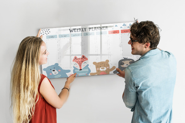 Decoratief glazen wandbord beschrijfbaar en magnetisch Leuke dieren weekplanner