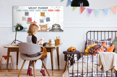 Decoratief glazen wandbord beschrijfbaar en magnetisch Leuke dieren weekplanner