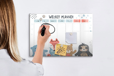 Decoratief glazen wandbord beschrijfbaar en magnetisch Leuke dieren weekplanner