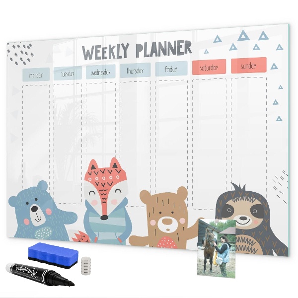 Decoratief glazen wandbord beschrijfbaar en magnetisch Leuke dieren weekplanner