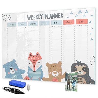 Decoratief glazen wandbord beschrijfbaar en magnetisch Leuke dieren weekplanner
