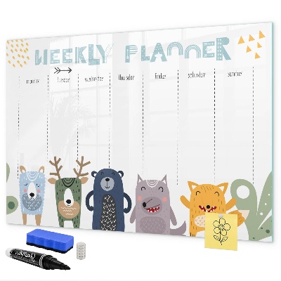 Memobord van glas met print inclusief neodymium magneten Weekplanner met kleurrijke dieren