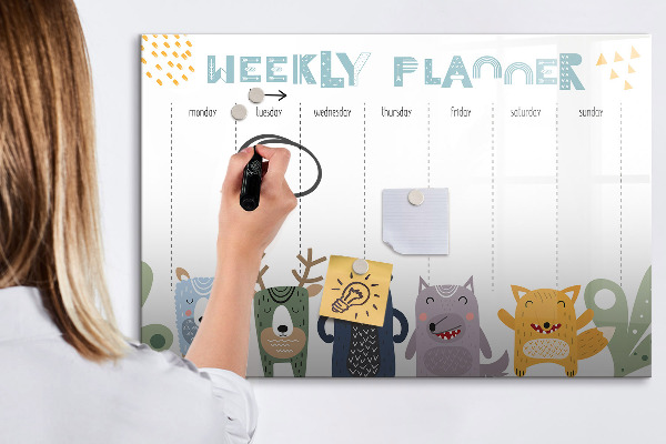 Memobord van glas met print inclusief neodymium magneten Weekplanner met kleurrijke dieren