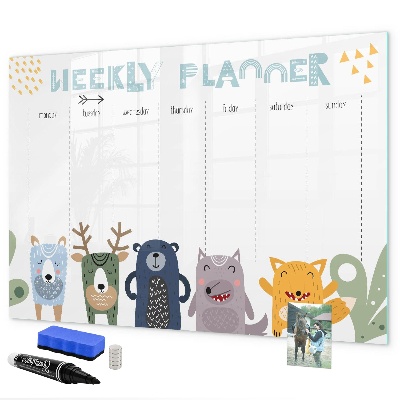 Memobord van glas met print inclusief neodymium magneten Weekplanner met kleurrijke dieren