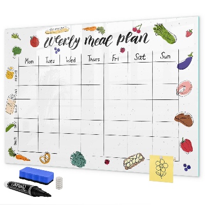 Memobord van glas met print inclusief neodymium magneten Maaltijdplan voor elke week