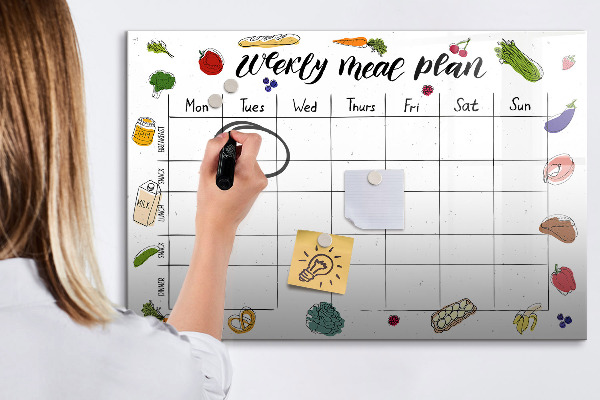Memobord van glas met print inclusief neodymium magneten Maaltijdplan voor elke week