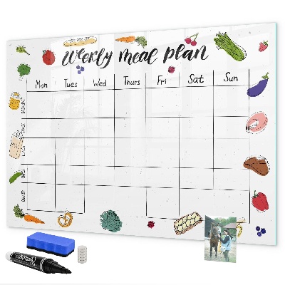 Memobord van glas met print inclusief neodymium magneten Maaltijdplan voor elke week