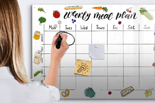 Memobord van glas met print inclusief neodymium magneten Maaltijdplan voor elke week