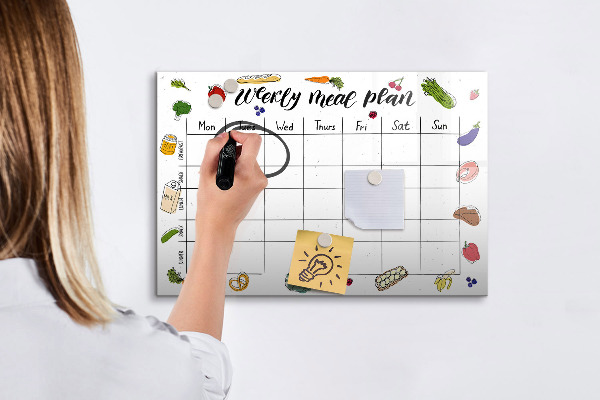 Memobord van glas met print inclusief neodymium magneten Maaltijdplan voor elke week