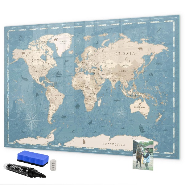 Decoratief glazen wandbord beschrijfbaar en magnetisch Een wereldkaart met persoonlijke herinneringen.