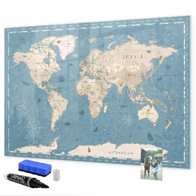 Decoratief glazen wandbord beschrijfbaar en magnetisch Een wereldkaart met persoonlijke herinneringen.