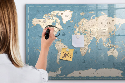 Decoratief glazen wandbord beschrijfbaar en magnetisch Een wereldkaart met persoonlijke herinneringen.