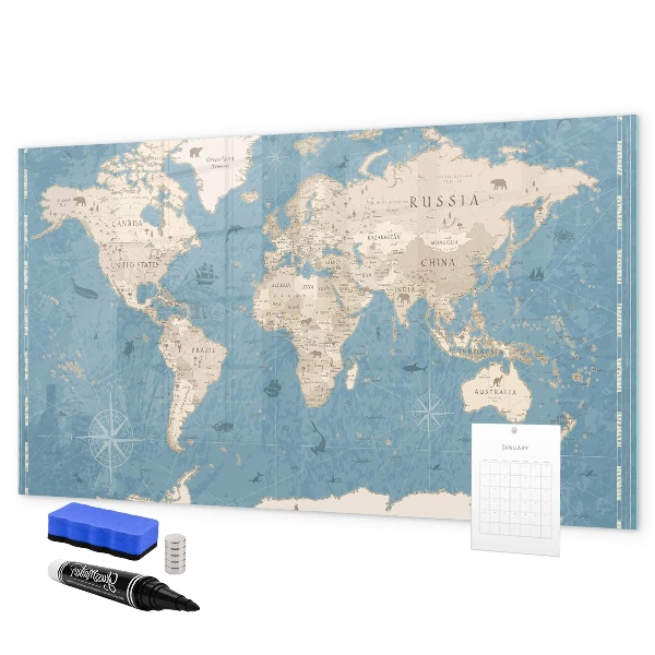 Decoratief glazen wandbord beschrijfbaar en magnetisch Een wereldkaart met persoonlijke herinneringen.