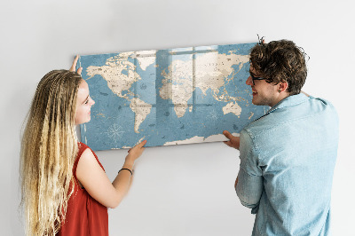 Decoratief glazen wandbord beschrijfbaar en magnetisch Een wereldkaart met persoonlijke herinneringen.