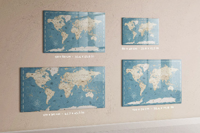 Decoratief glazen wandbord beschrijfbaar en magnetisch Een wereldkaart met persoonlijke herinneringen.