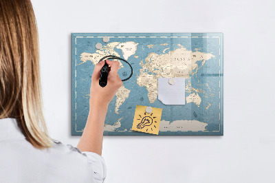 Decoratief glazen wandbord beschrijfbaar en magnetisch Een wereldkaart met persoonlijke herinneringen.