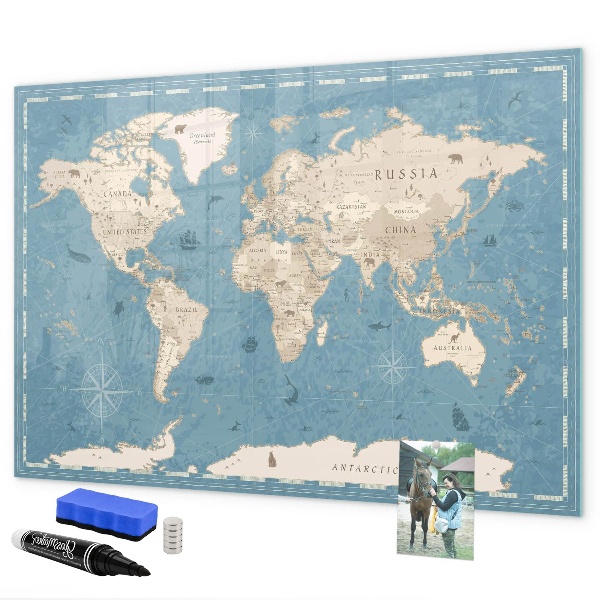 Decoratief glazen wandbord beschrijfbaar en magnetisch Een wereldkaart met persoonlijke herinneringen.