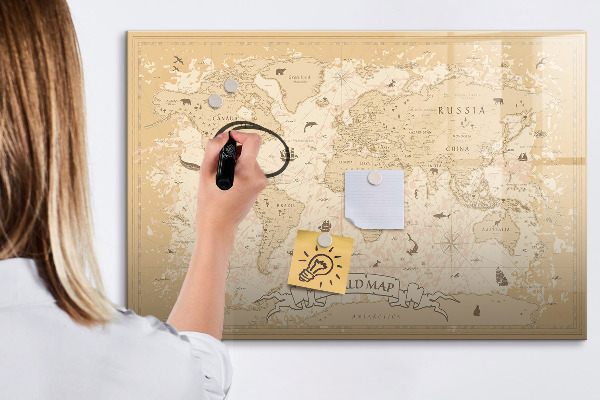 Memobord van glas met print inclusief neodymium magneten Wereldkaart met foto's en accessoires