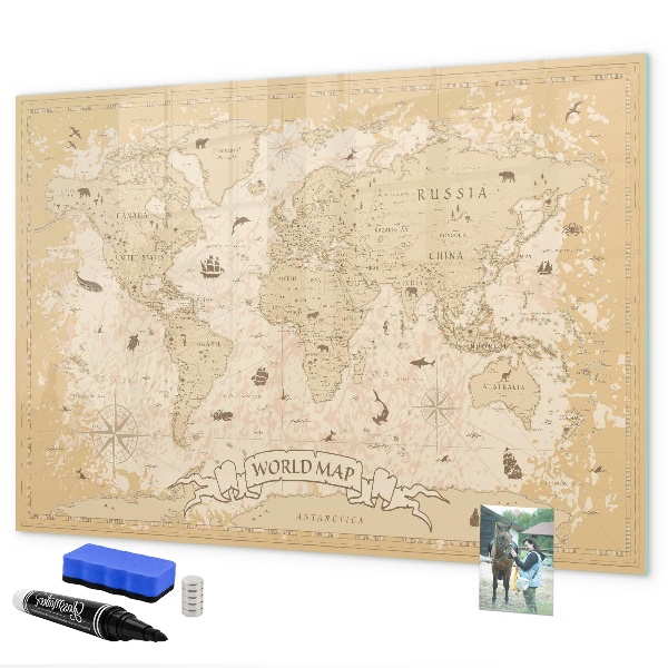Memobord van glas met print inclusief neodymium magneten Wereldkaart met foto's en accessoires