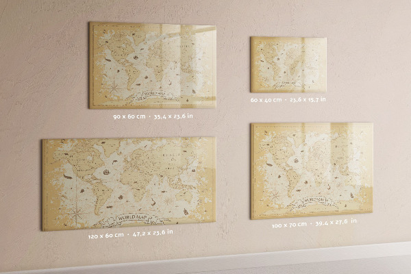 Memobord van glas met print inclusief neodymium magneten Wereldkaart met foto's en accessoires
