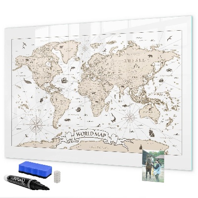 Decoratief glazen wandbord beschrijfbaar en magnetisch Wereldkaart met fotolocaties
