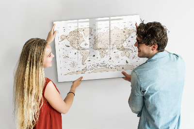 Decoratief glazen wandbord beschrijfbaar en magnetisch Wereldkaart met fotolocaties