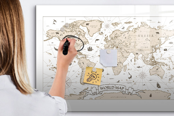 Decoratief glazen wandbord beschrijfbaar en magnetisch Wereldkaart met fotolocaties