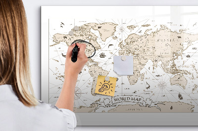 Decoratief glazen wandbord beschrijfbaar en magnetisch Wereldkaart met fotolocaties
